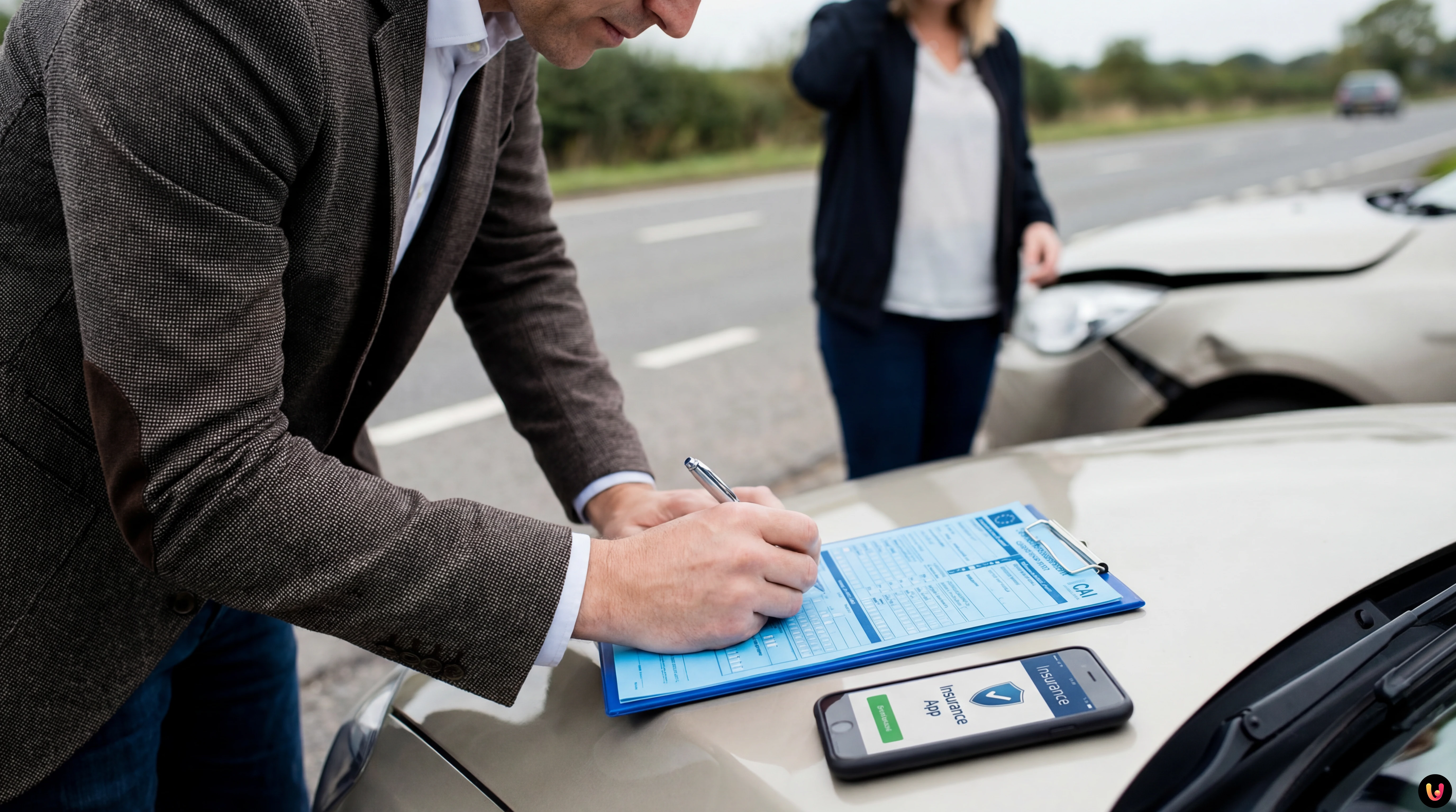 Automobilisti compilano il modulo CAI su un'auto dopo un incidente stradale