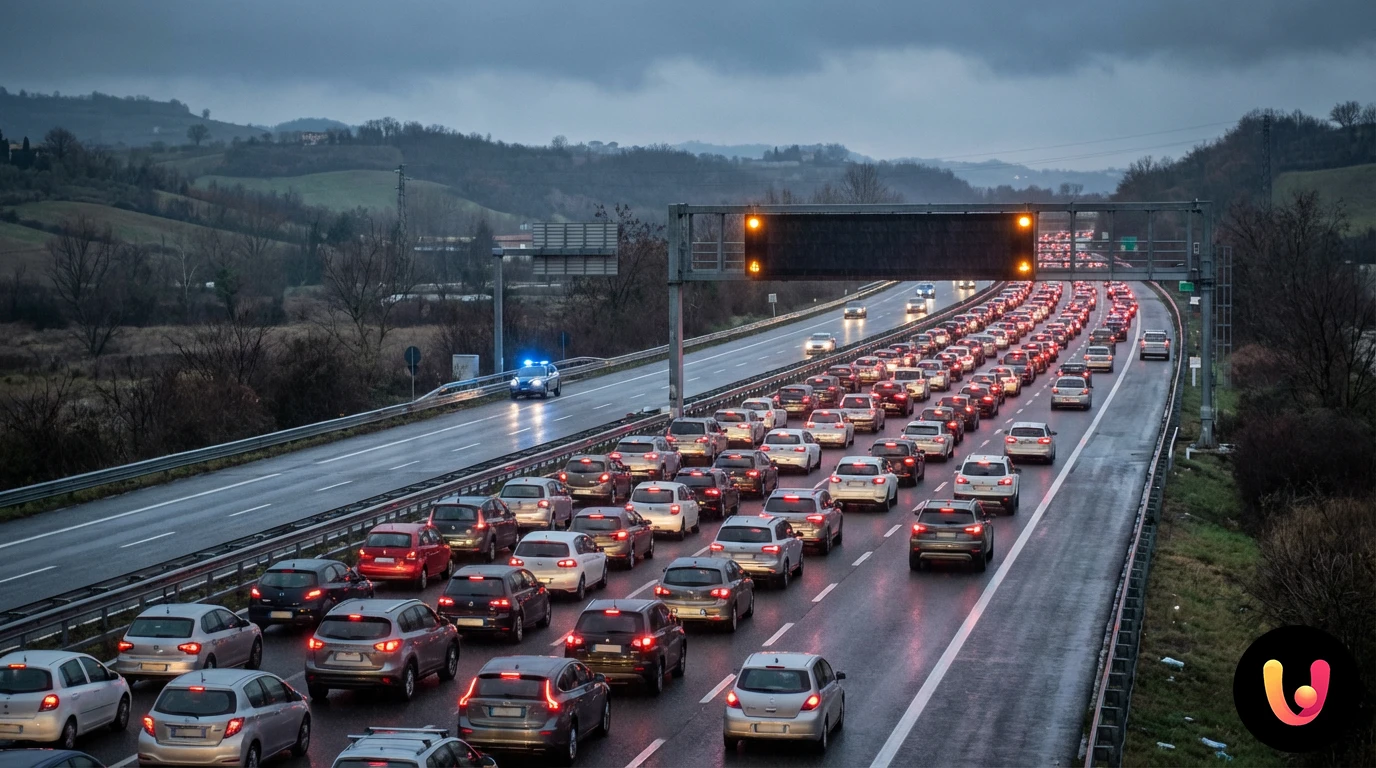 Traffico Controesodo Epifania 2026 Bollino Rosso Auto in coda in autostrada durante il controesodo dell'Epifania 2026 con traffico intenso