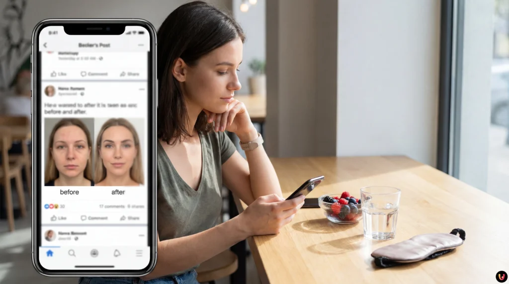 Femme stress&eacute;e consultant des vid&eacute;os sur le cortisol et la sant&eacute; sur son smartphone