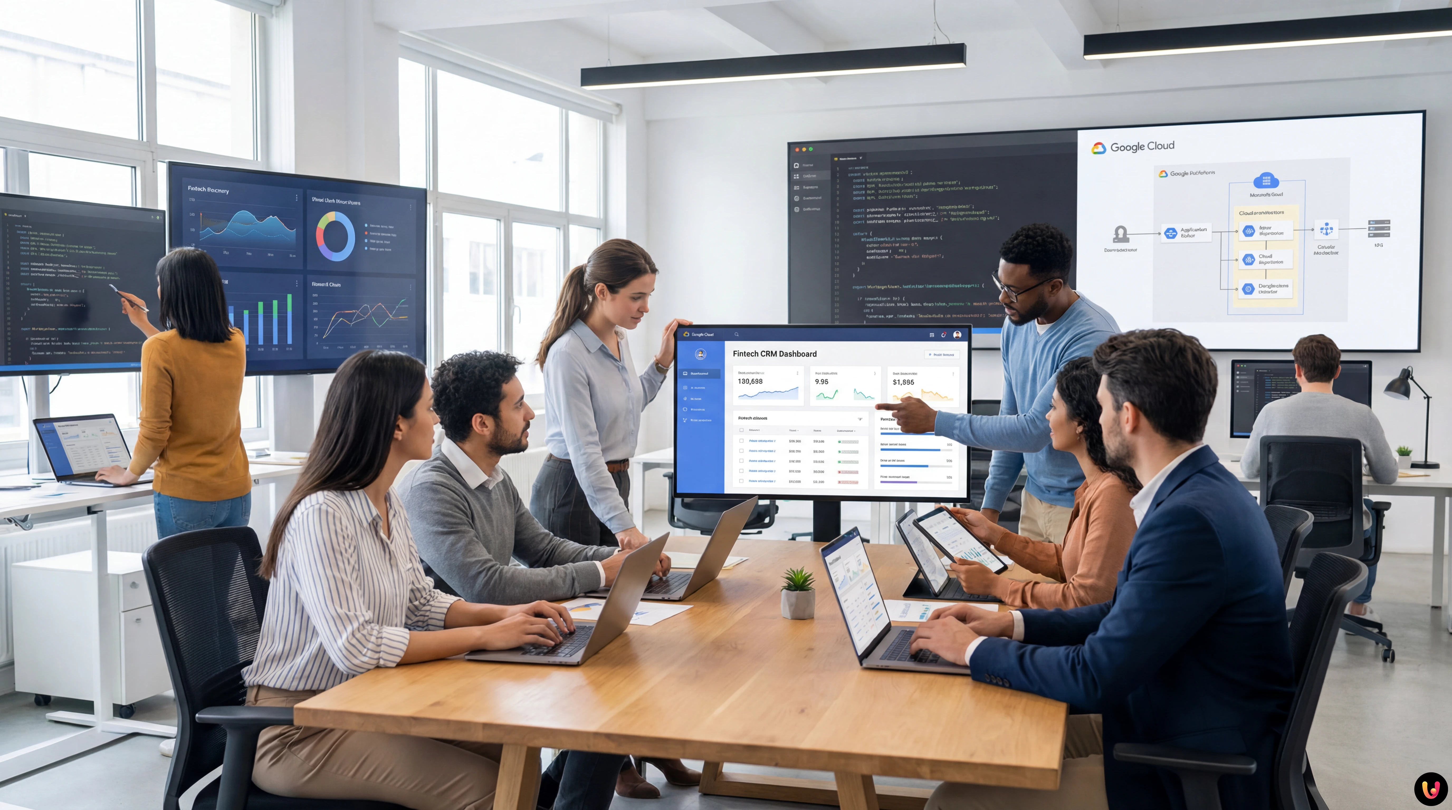 Schemă arhitectură cloud event-driven pentru CRM Fintech pe Google Cloud Platform