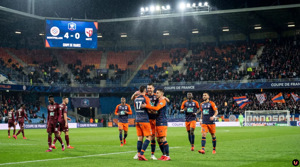 Coupe de France : Montpellier humilie Metz (4-0), Nice et Rennes qualifiés Joueurs du MHSC célébrant un but contre le FC Metz lors du match de Coupe de France.