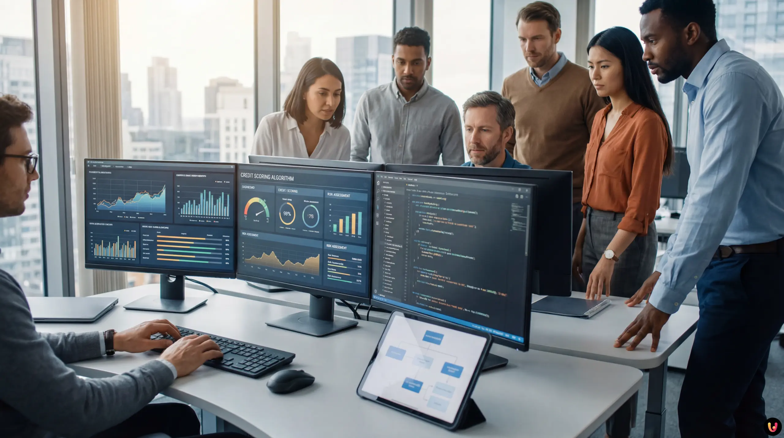 Rappresentazione digitale di algoritmi fintech e analisi dati per credit scoring mutui