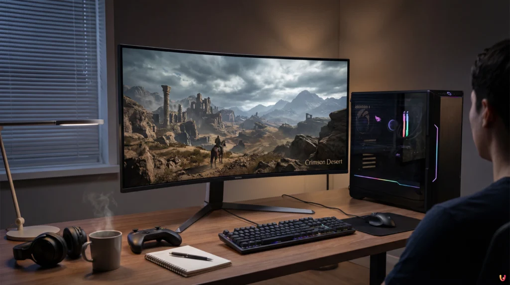 Key art di Crimson Desert con il protagonista Macduff e l'ambientazione open world