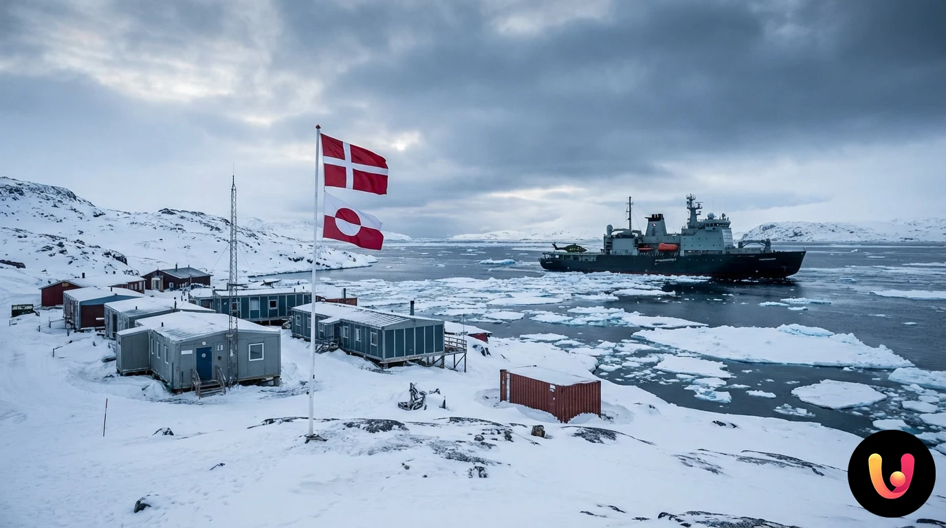Tensione USA-Cina per la sovranità della Groenlandia Bandiere di USA, Cina e Danimarca su sfondo mappa artica della Groenlandia