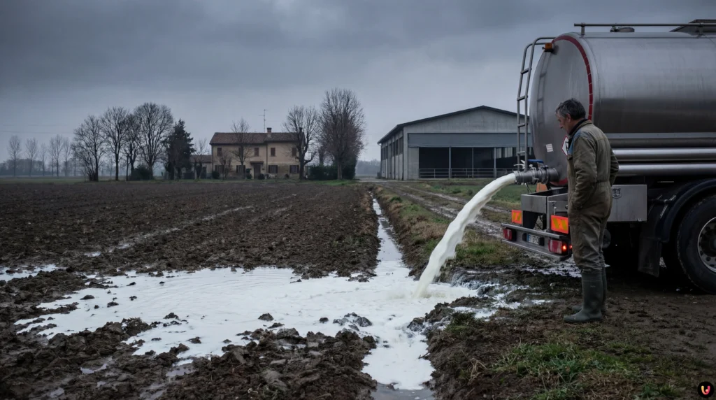 Cisterna agricola che sversa migliaia di litri di latte nei campi a causa della crisi prezzi