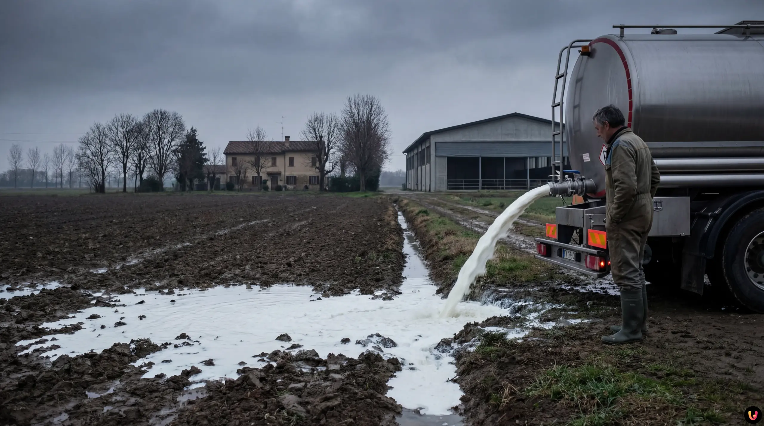 Cisterna agricola che sversa migliaia di litri di latte nei campi a causa della crisi prezzi