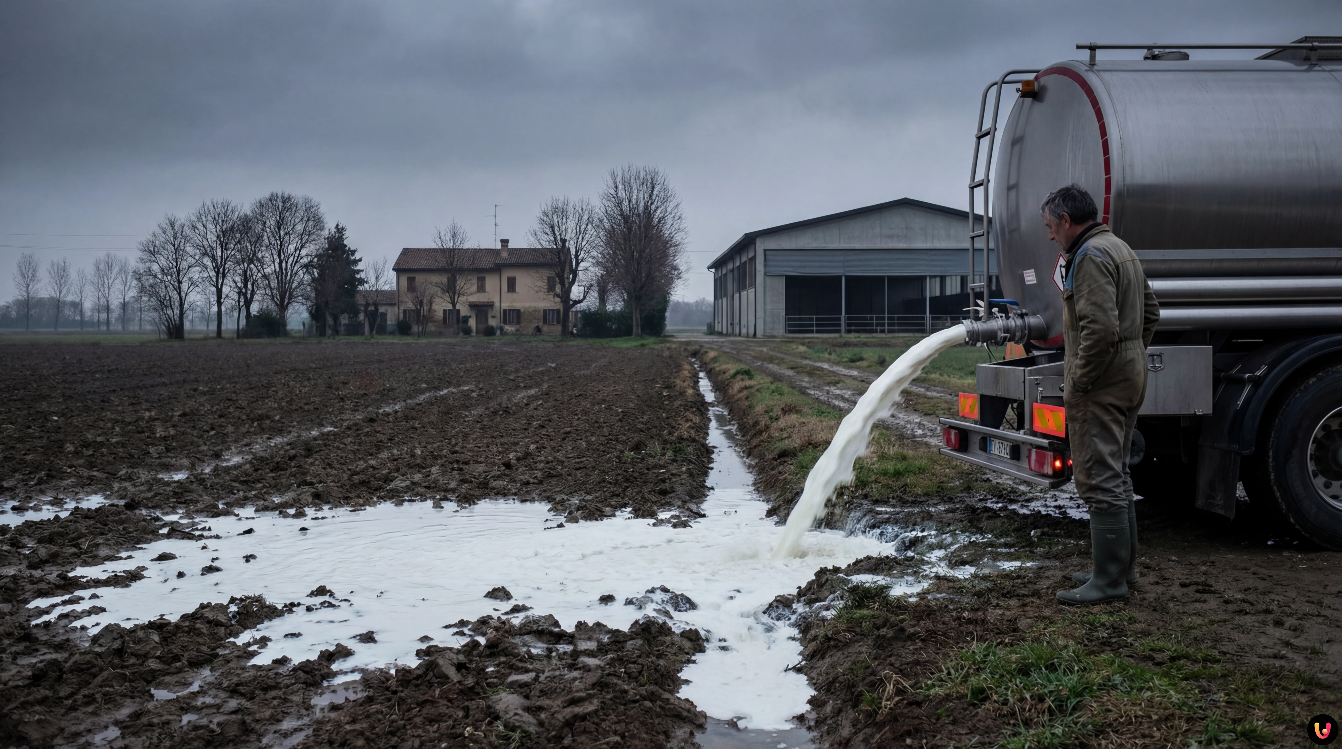 Cisterna agricola che sversa migliaia di litri di latte nei campi a causa della crisi prezzi