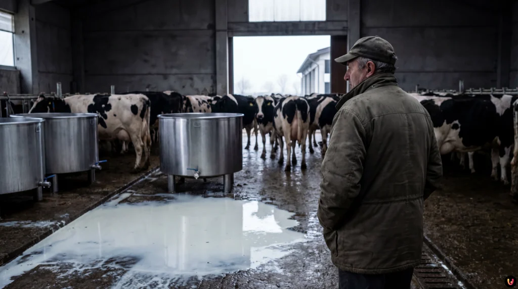 Mucche da latte in una stalla moderna durante la crisi del settore agricolo piemontese