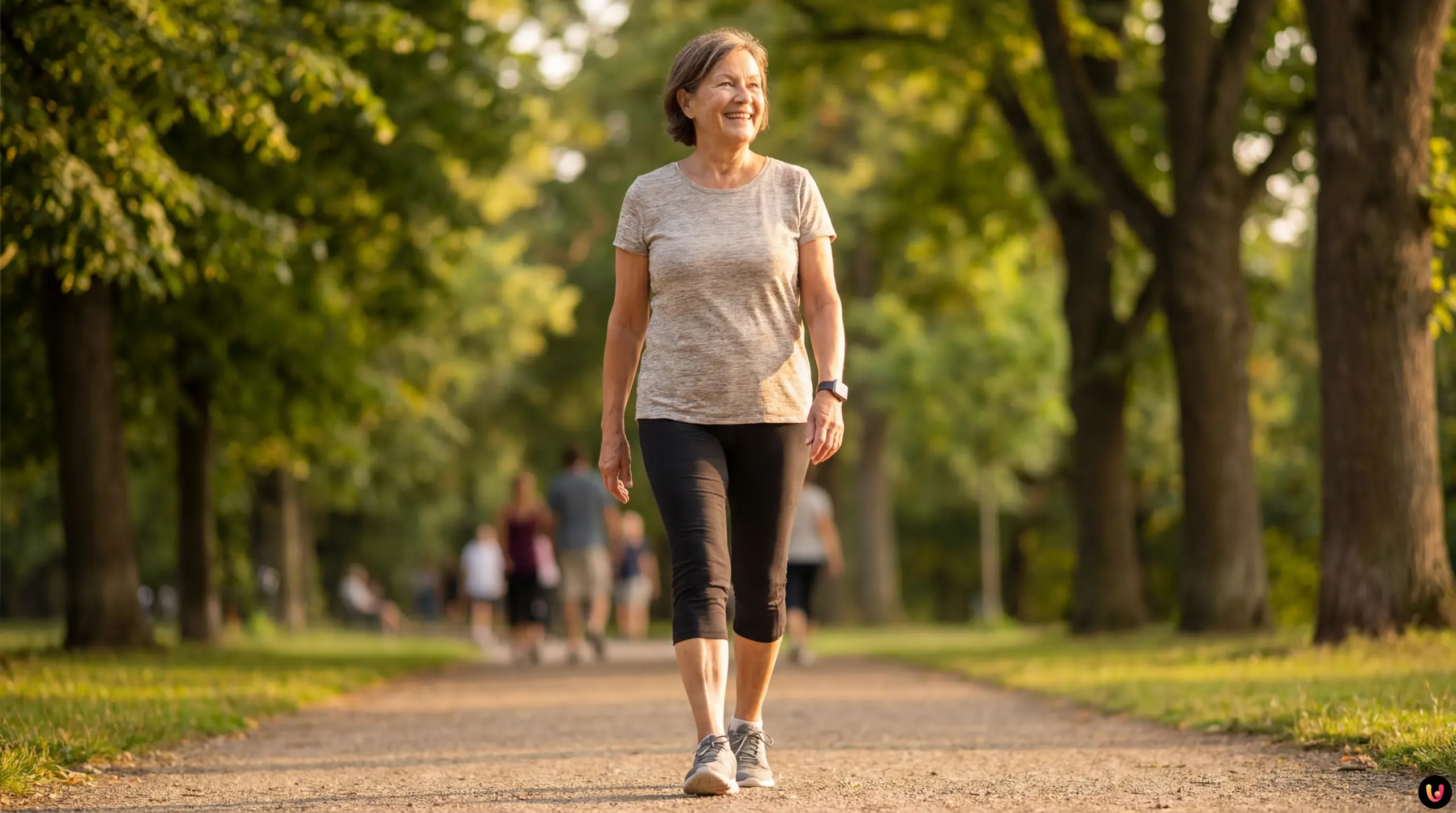 Donna anziana che cammina nel parco per la salute cardiovascolare