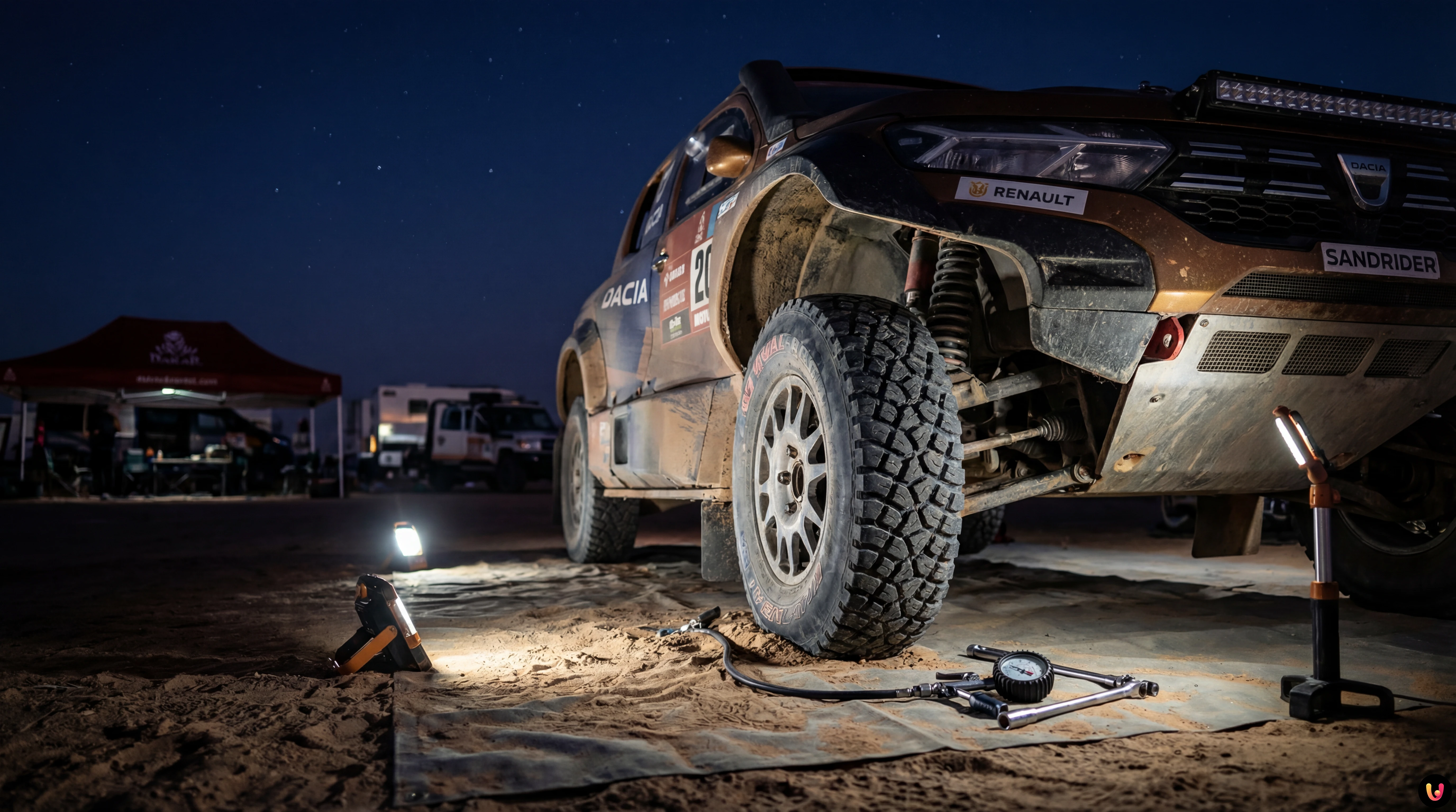 S&eacute;bastien Loeb au bivouac du Dakar 2026 avec l'&eacute;quipe Dacia Sandriders.