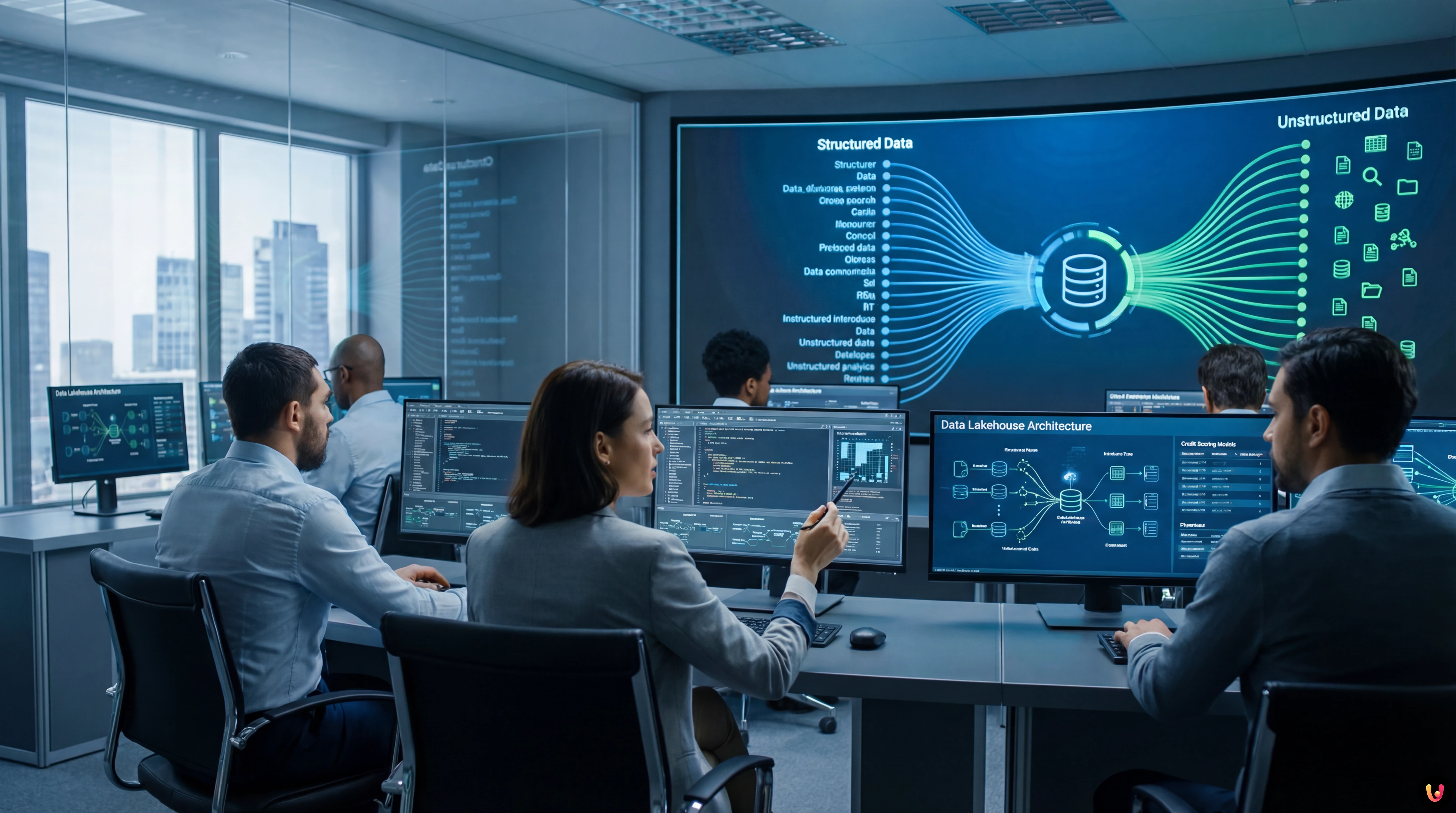 Data Lakehouse architecture diagram processing structured and unstructured financial data