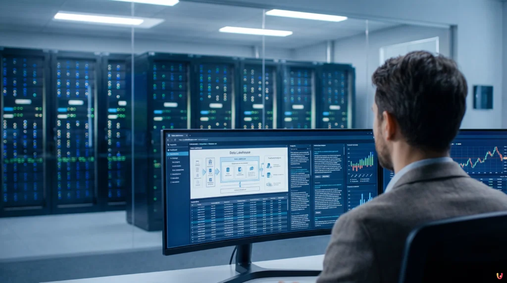 Diagramma architettura Data Lakehouse che collega database bancari e dati non strutturati