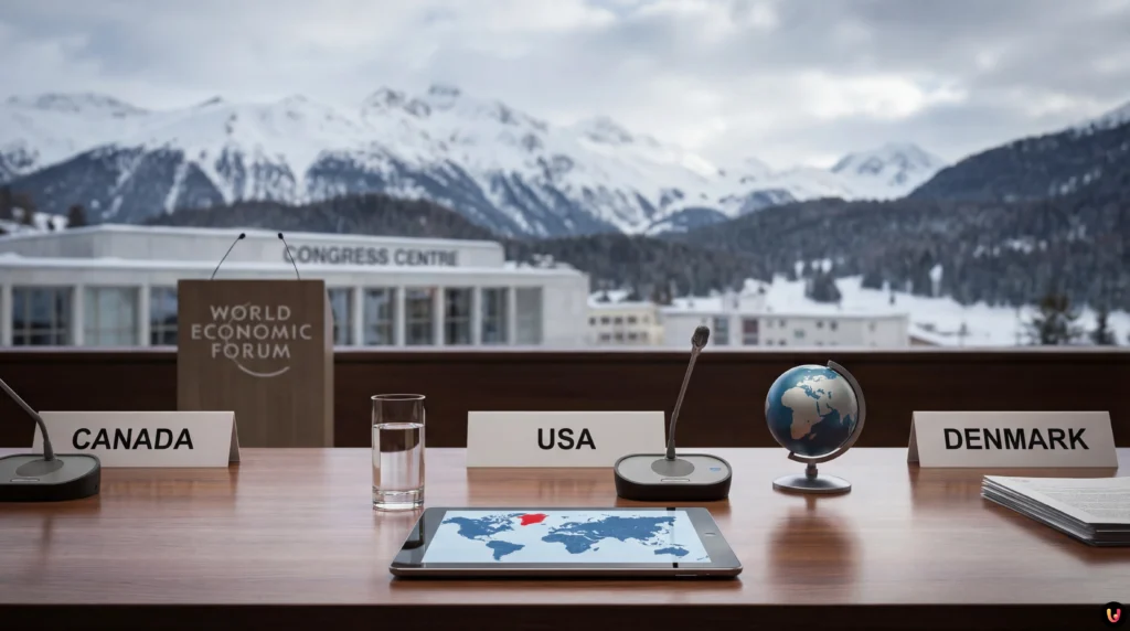 Davos 2026 : Carney s’oppose fermement aux tarifs sur le Groenland Mark Carney au pupitre du Forum économique mondial de Davos 2026