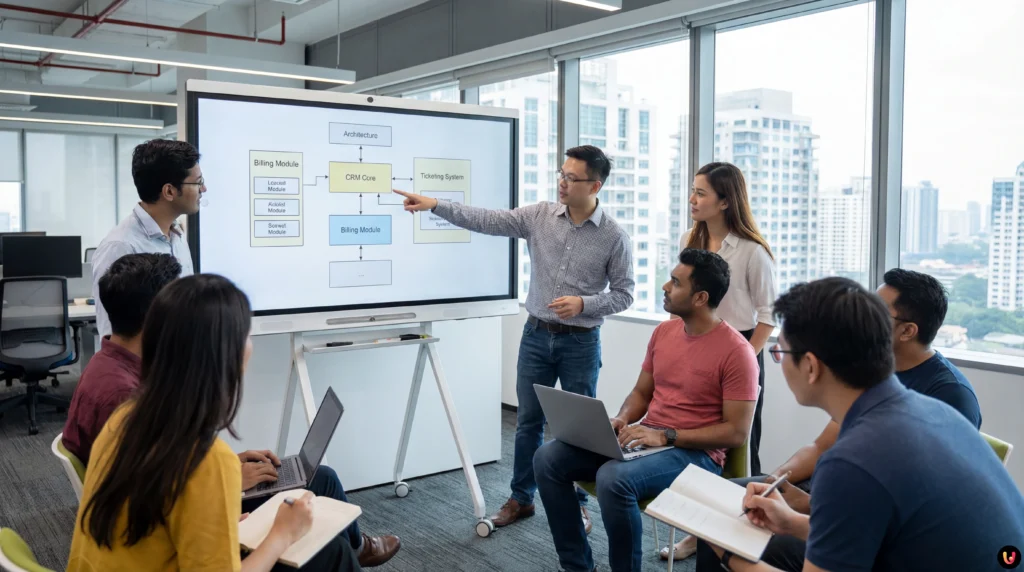 Sch&eacute;ma comparant l'architecture microservices et le monolithe modulaire pour un logiciel CRM