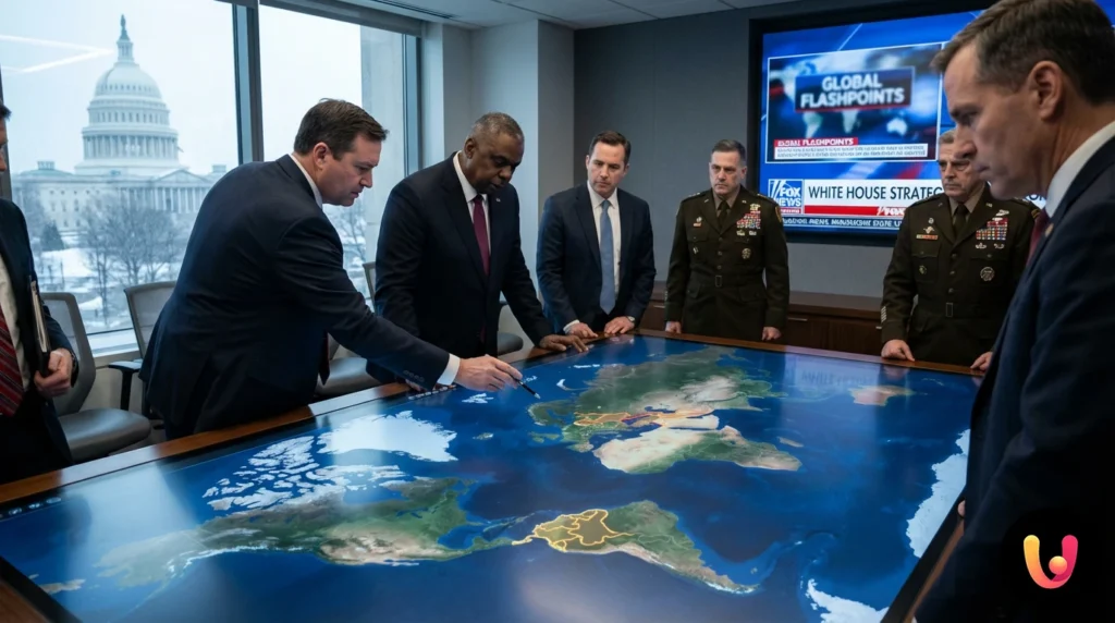 Donald Trump pensieroso con sfondo di una mappa geopolitica globale e bandiera USA