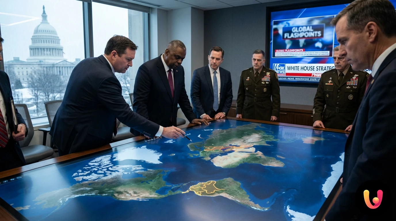 Donald Trump pensieroso con sfondo di una mappa geopolitica globale e bandiera USA