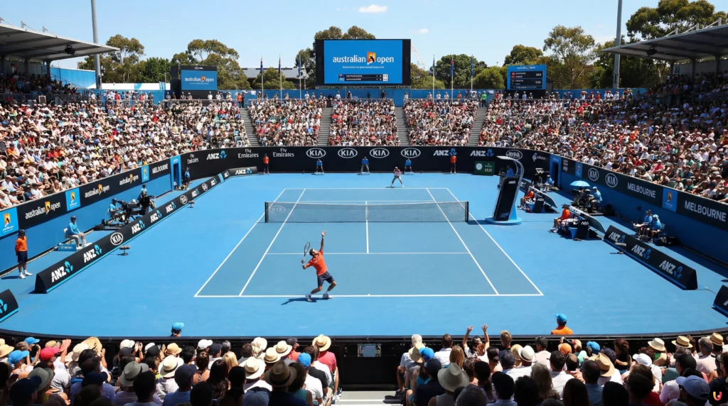 Jannik Sinner in azione sul campo blu del Melbourne Park per l'Australian Open 2026