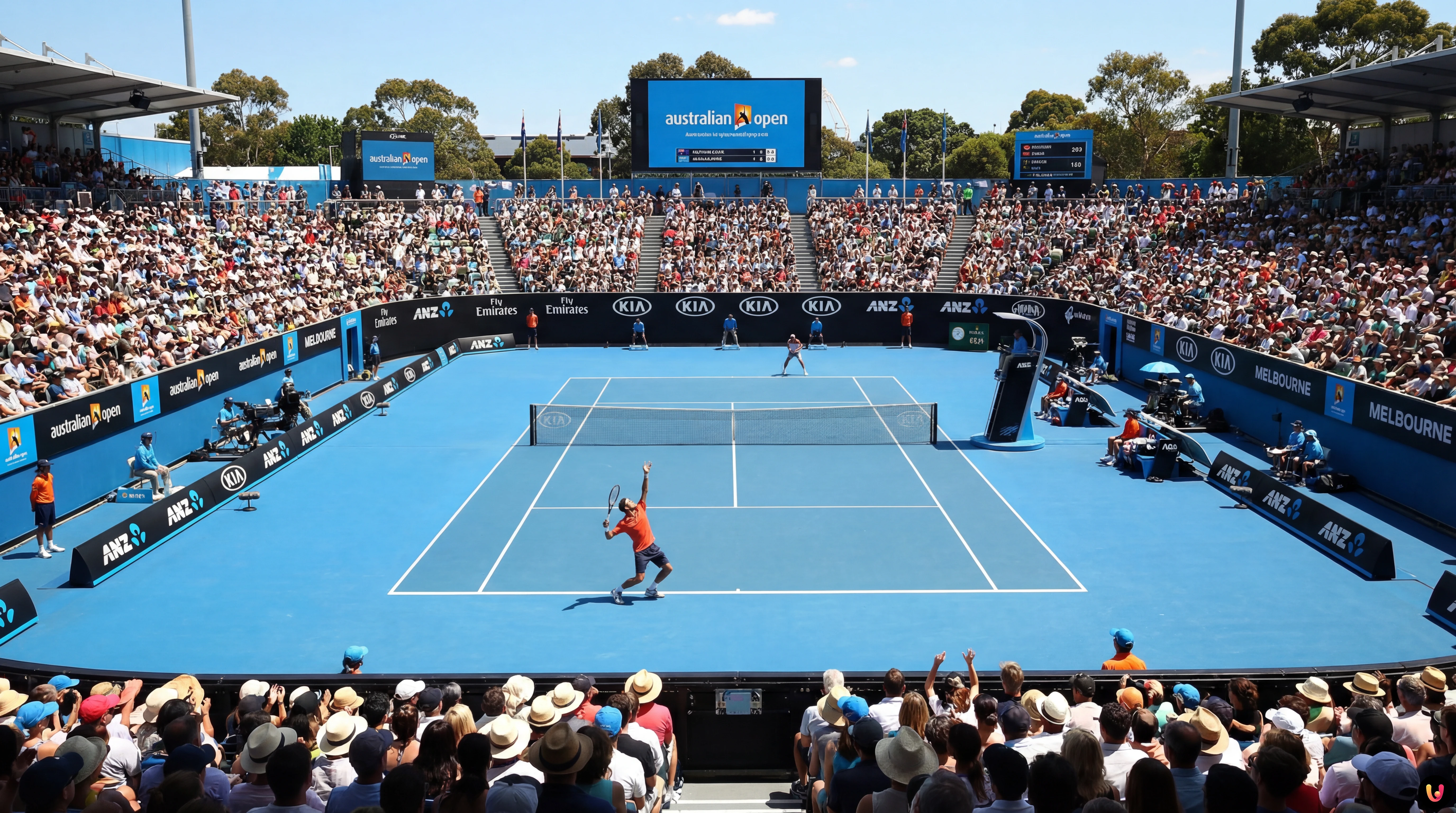 Jannik Sinner in azione sul campo blu del Melbourne Park per l'Australian Open 2026