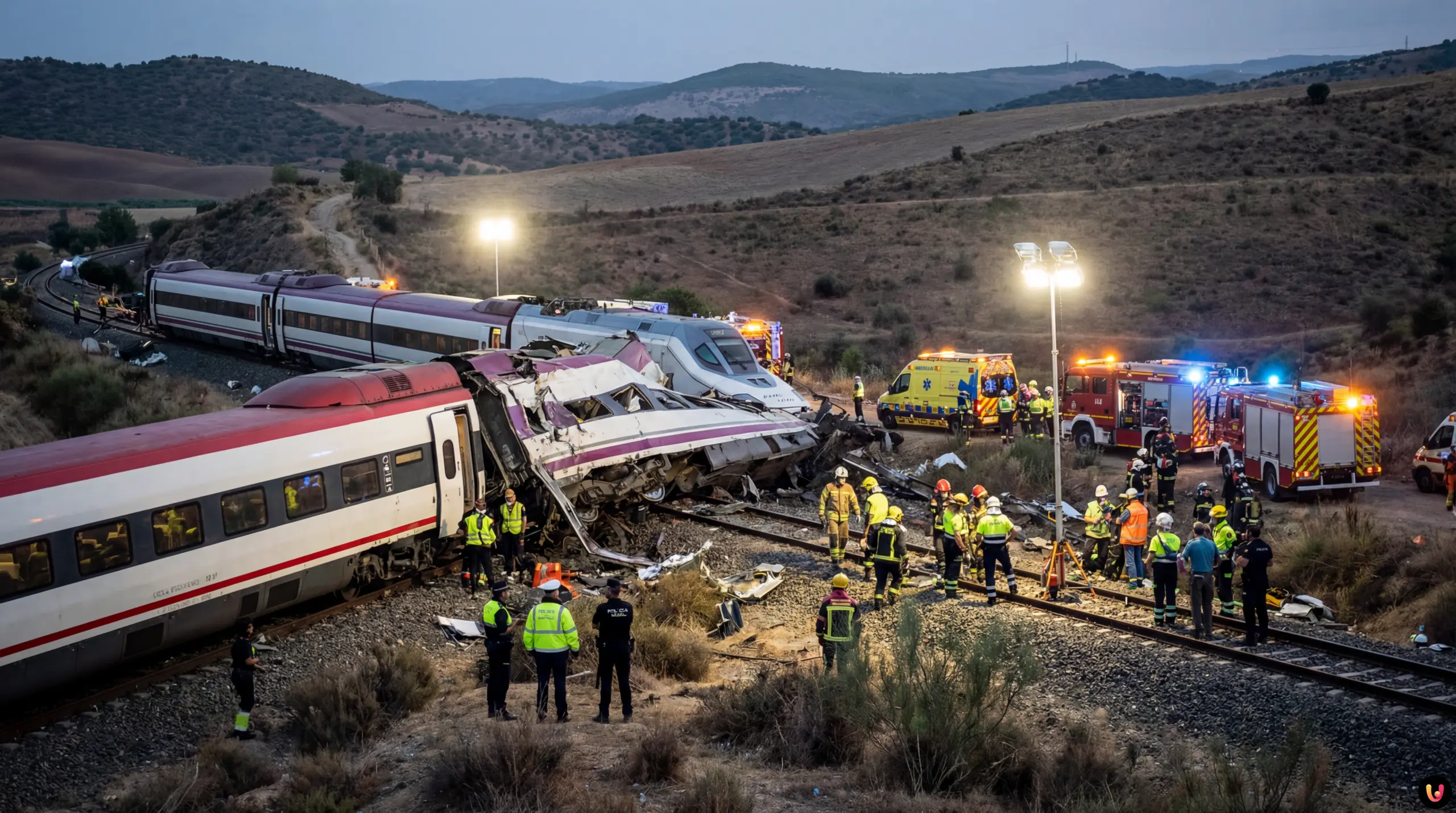 &Eacute;quipes de secours et d&eacute;bris de trains apr&egrave;s l'accident ferroviaire pr&egrave;s de Cordoue