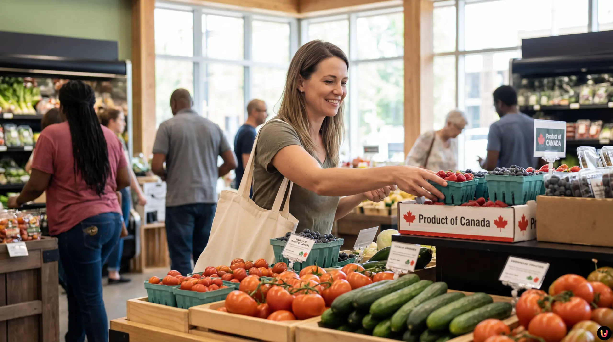 Le retour du mouvement Achetez canadien en épicerie 2026 Panier d'épicerie avec produits frais et étiquettes identifiant l'origine canadienne.