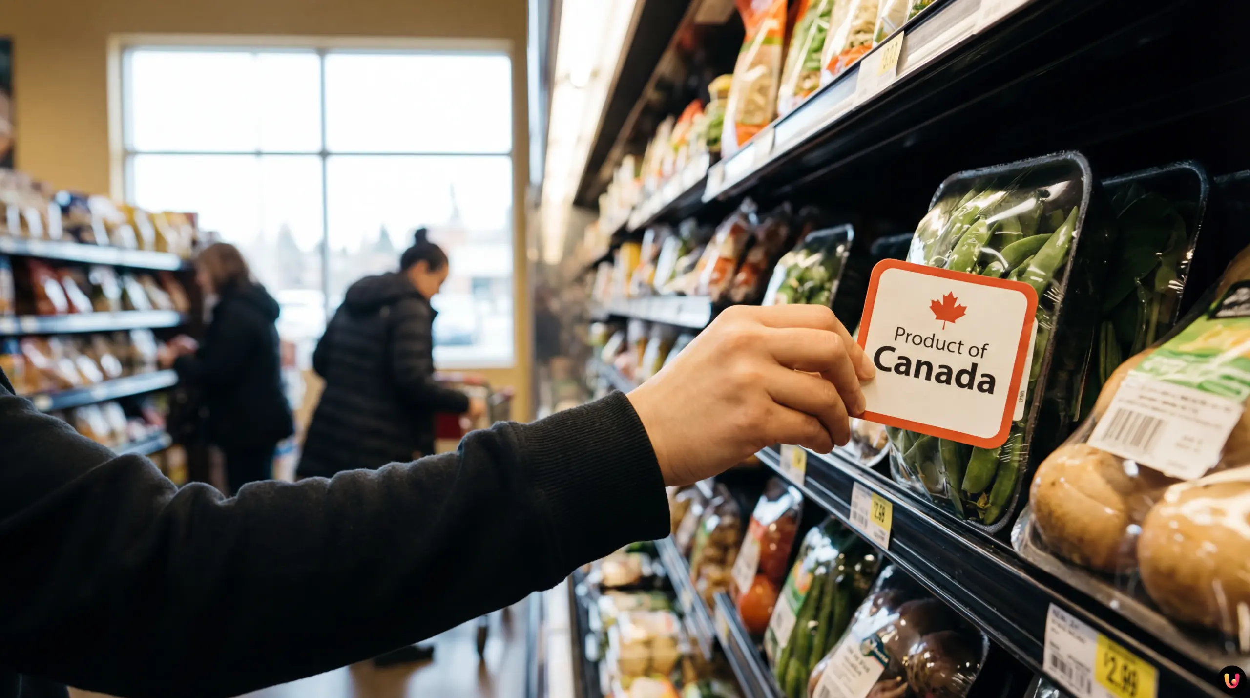 Consommateur v&eacute;rifiant l'&eacute;tiquette d'origine d'un produit dans une all&eacute;e d'&eacute;picerie