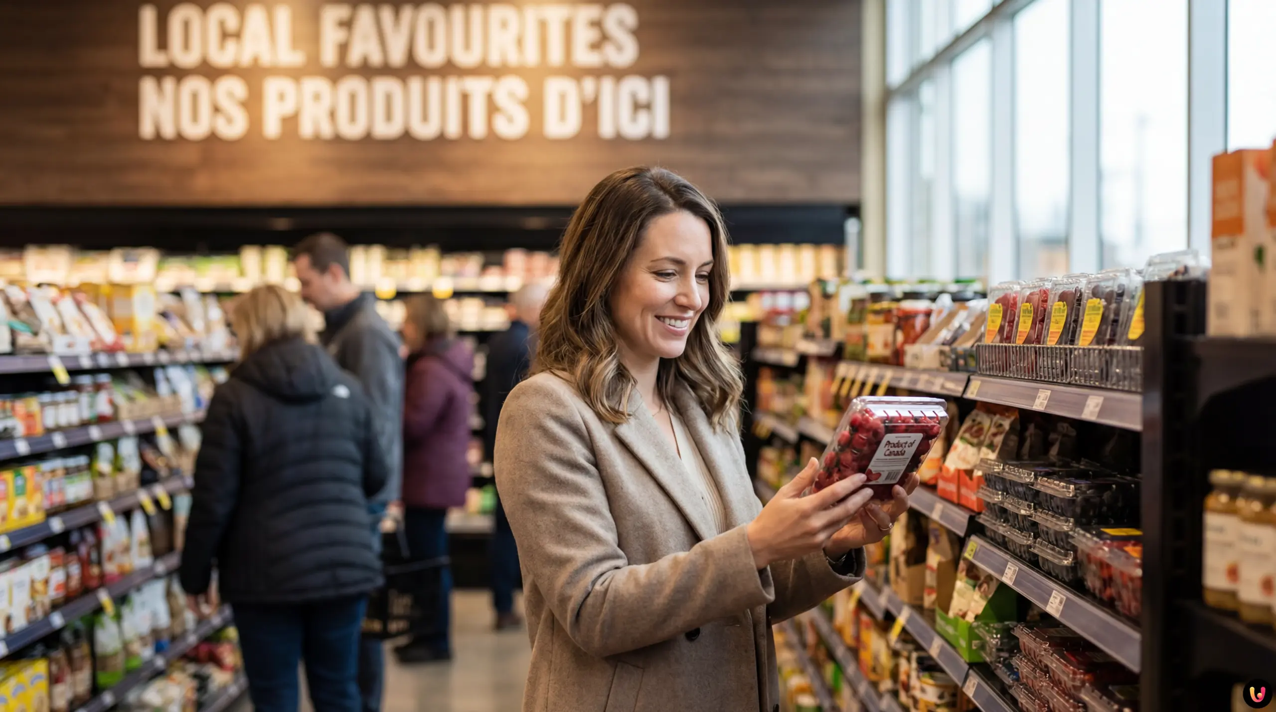 Panier d'&eacute;picerie avec des produits alimentaires portant l'&eacute;tiquette Produit du Canada