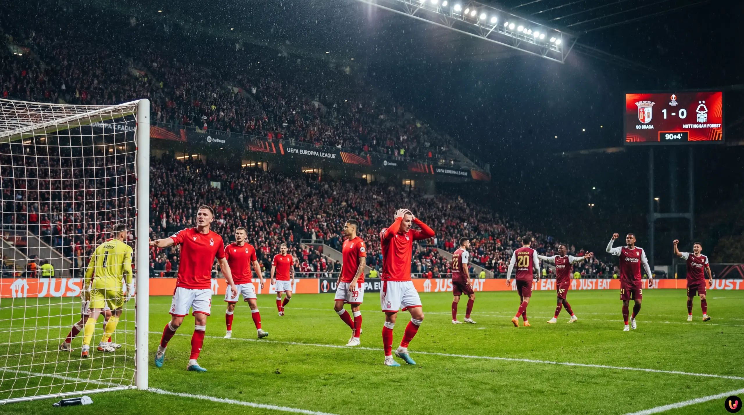 Nottingham Forest players competing against SC Braga during the Europa League match.