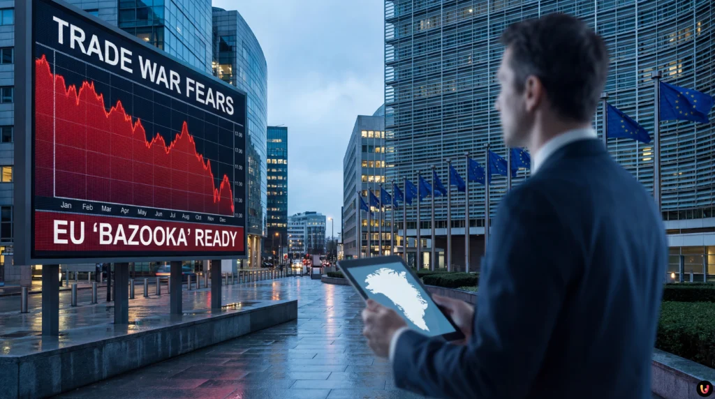 Europe Weighs Trade ‘Bazooka’ as Greenland Crisis Rattles Markets Graph showing volatile stock futures behind EU and US flags during trade tension