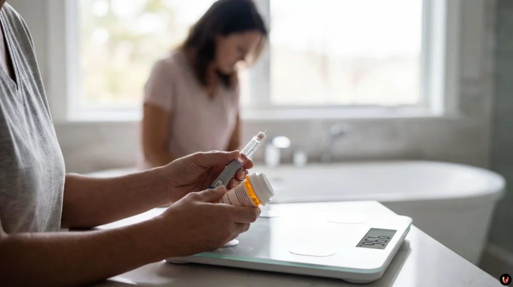 Bilancia pesapersone con confezioni di farmaci agonisti GLP-1