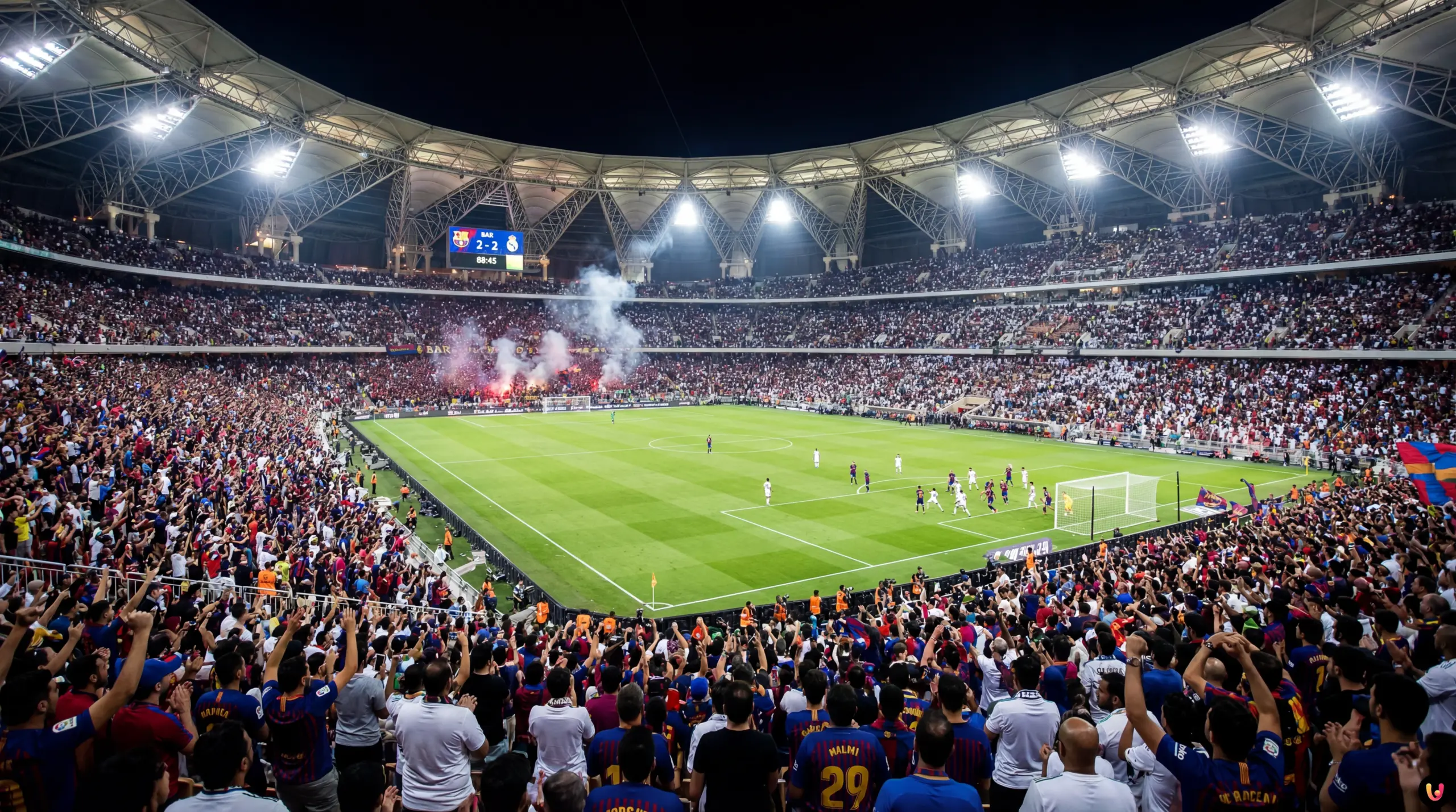 Duel intense entre joueurs du FC Barcelone et du Real Madrid en Supercoupe d'Espagne