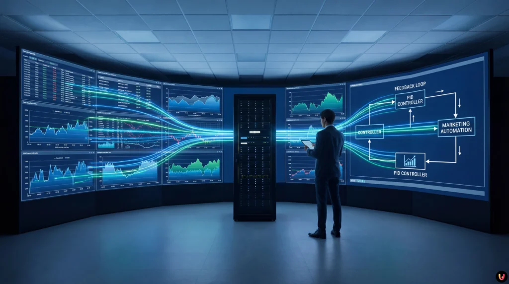 Diagrama de blocos do feedback loop marketing com curvas de orçamento e ROI