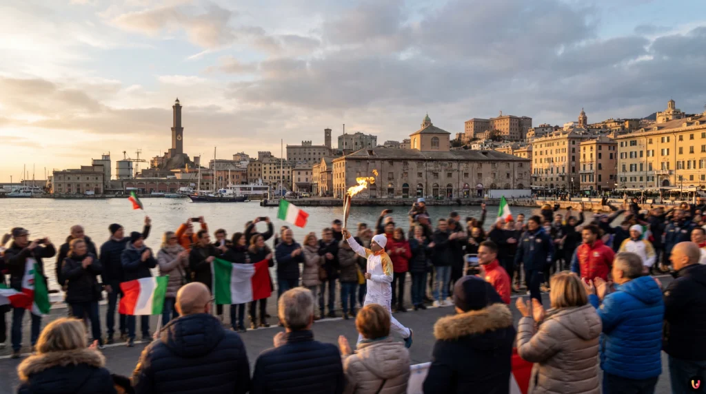 Tedoforo con la torcia olimpica di Milano Cortina 2026 in corsa a Genova