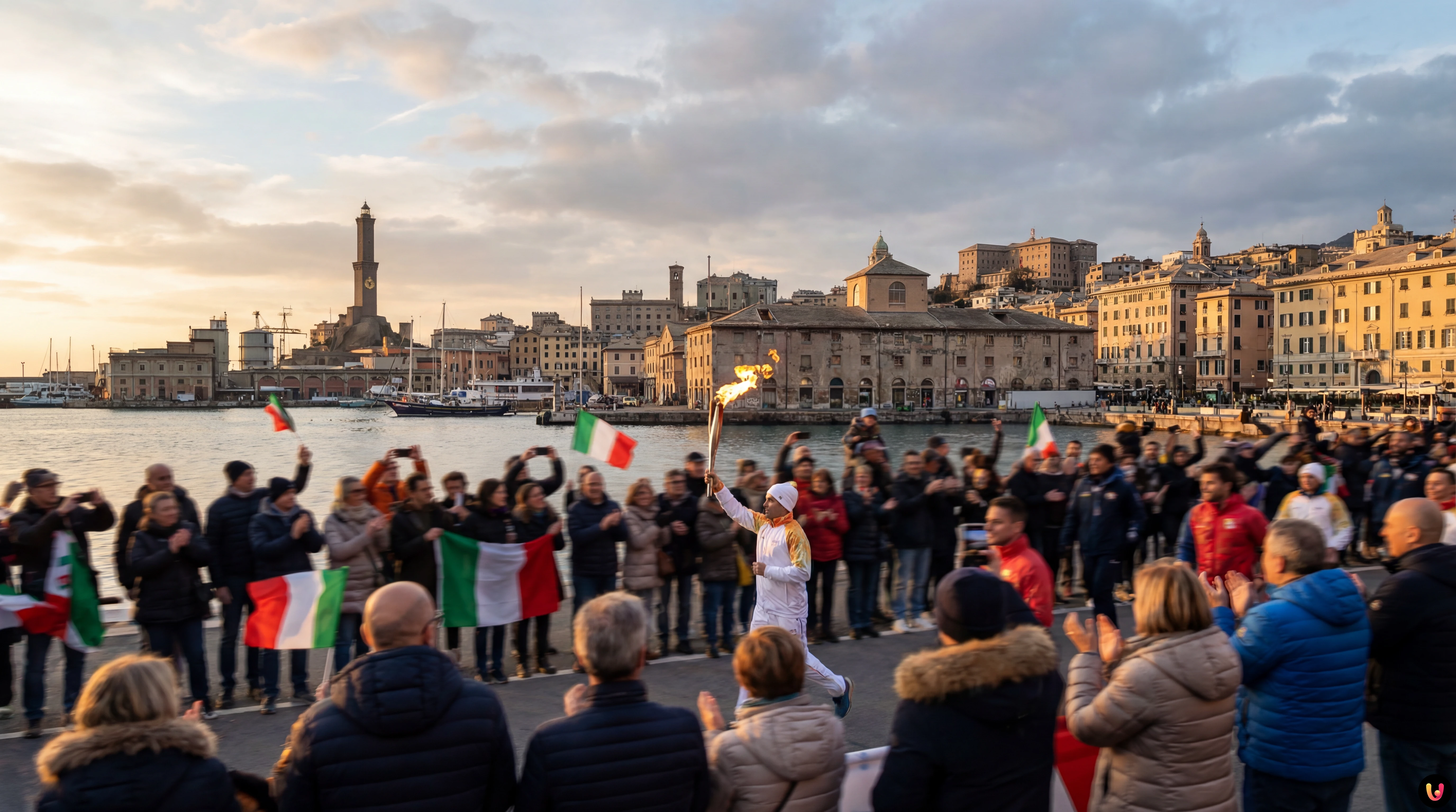 Portador da tocha com a tocha olímpica de Milão Cortina 2026 a correr em Génova