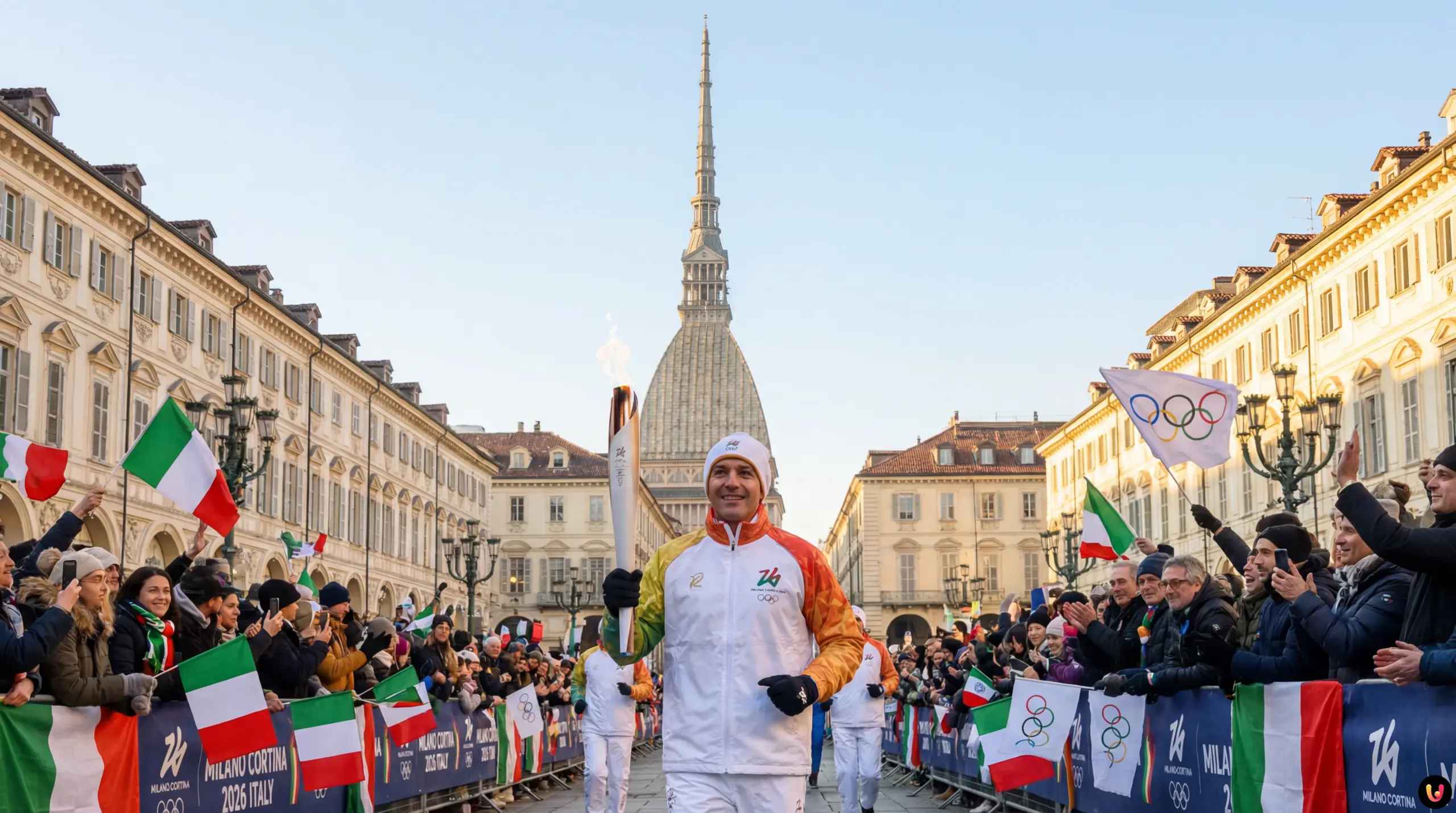 Tedoforo con la fiamma olimpica in corsa per le strade di Torino verso Piazza Castello