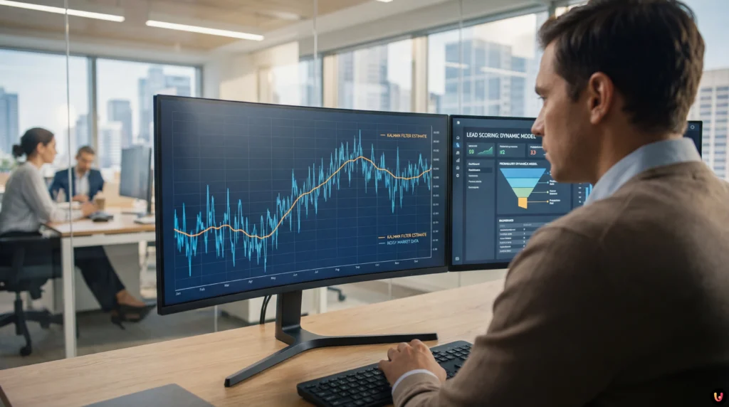 Gráfico de análise de dados com filtro de Kalman aplicado a tendências financeiras e lead scoring
