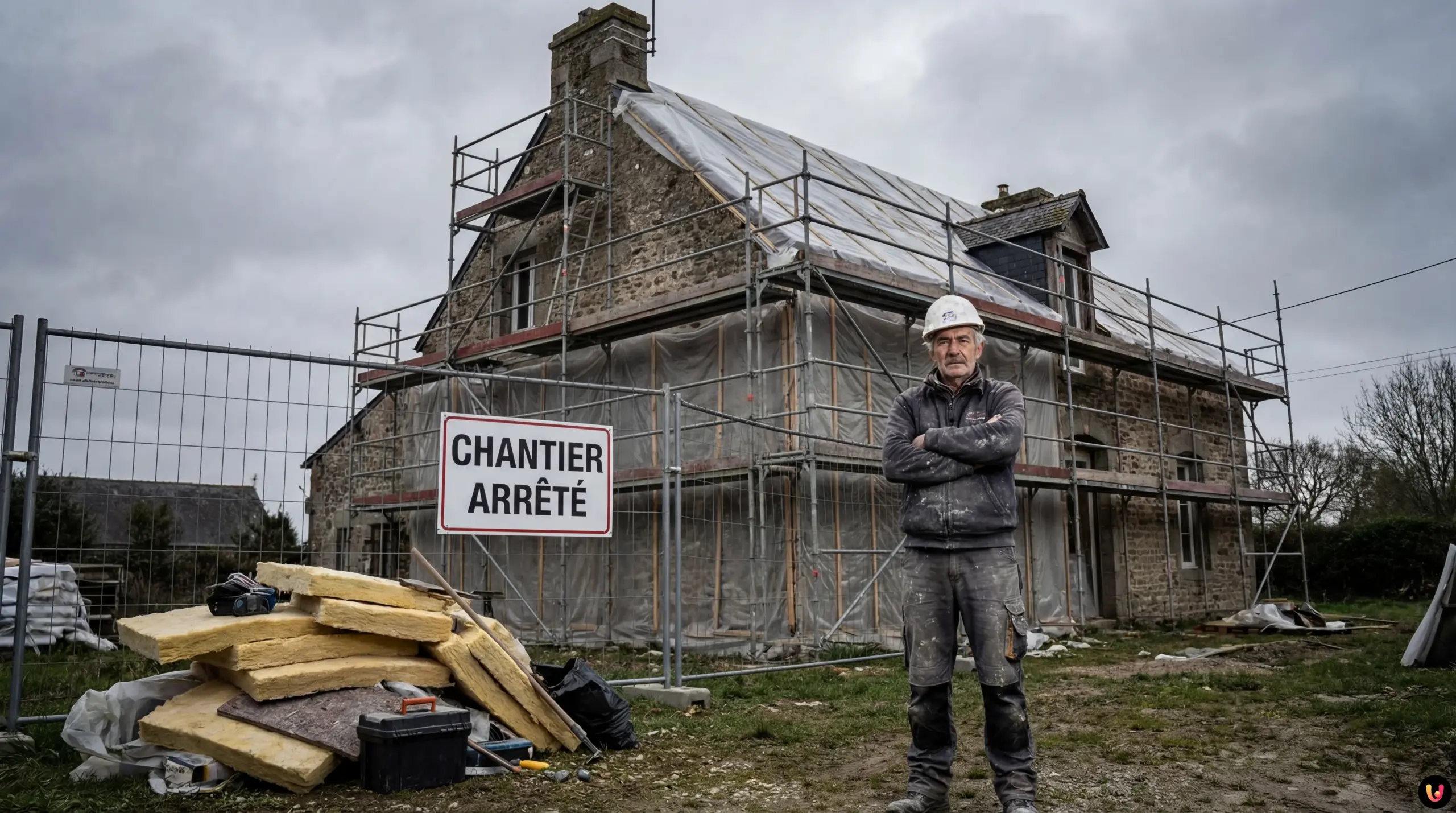 Artisan du b&acirc;timent inquiet sur un chantier de r&eacute;novation &eacute;nerg&eacute;tique &agrave; l'arr&ecirc;t
