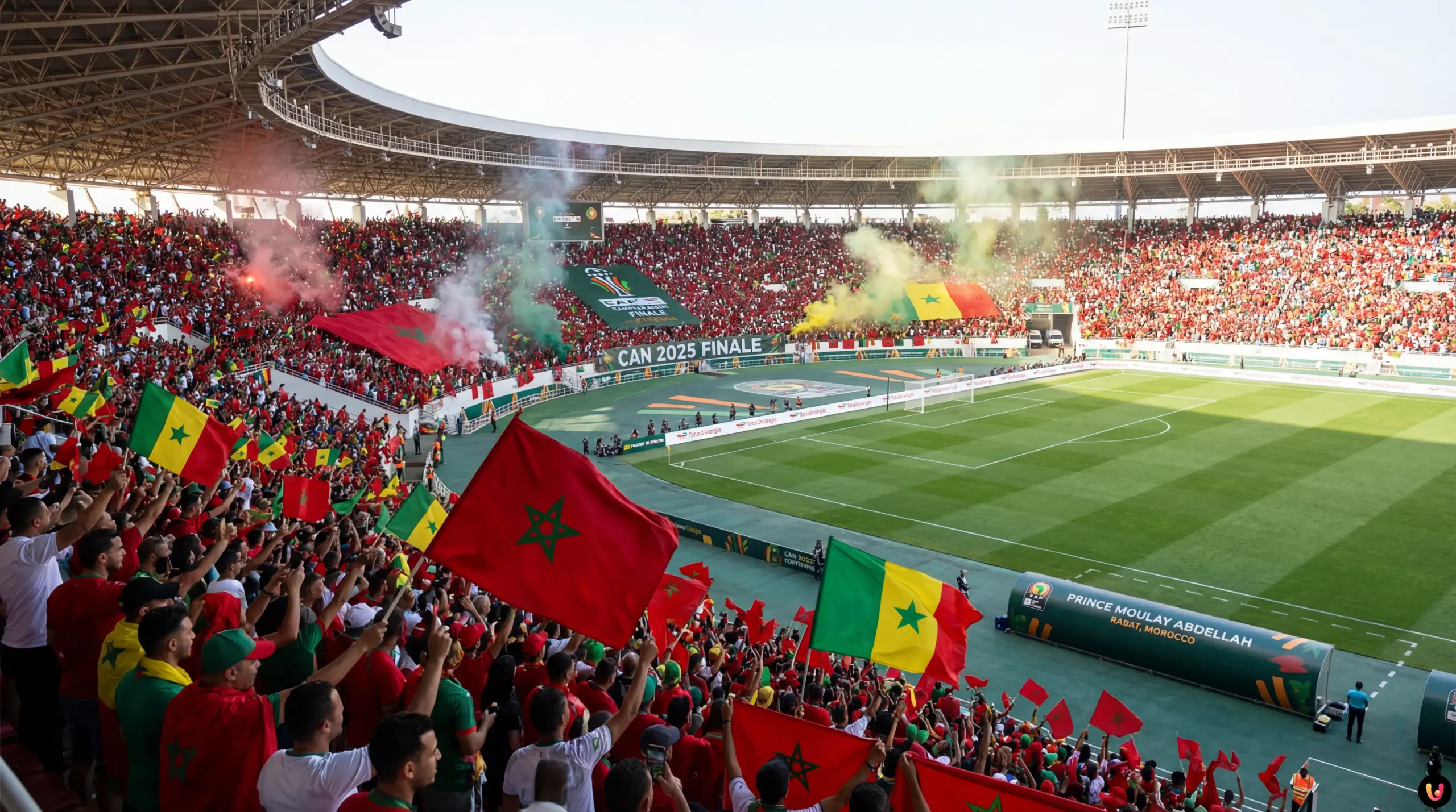 Joueurs du Maroc et du S&eacute;n&eacute;gal face &agrave; face avant la finale CAN 2025 &agrave; Rabat.