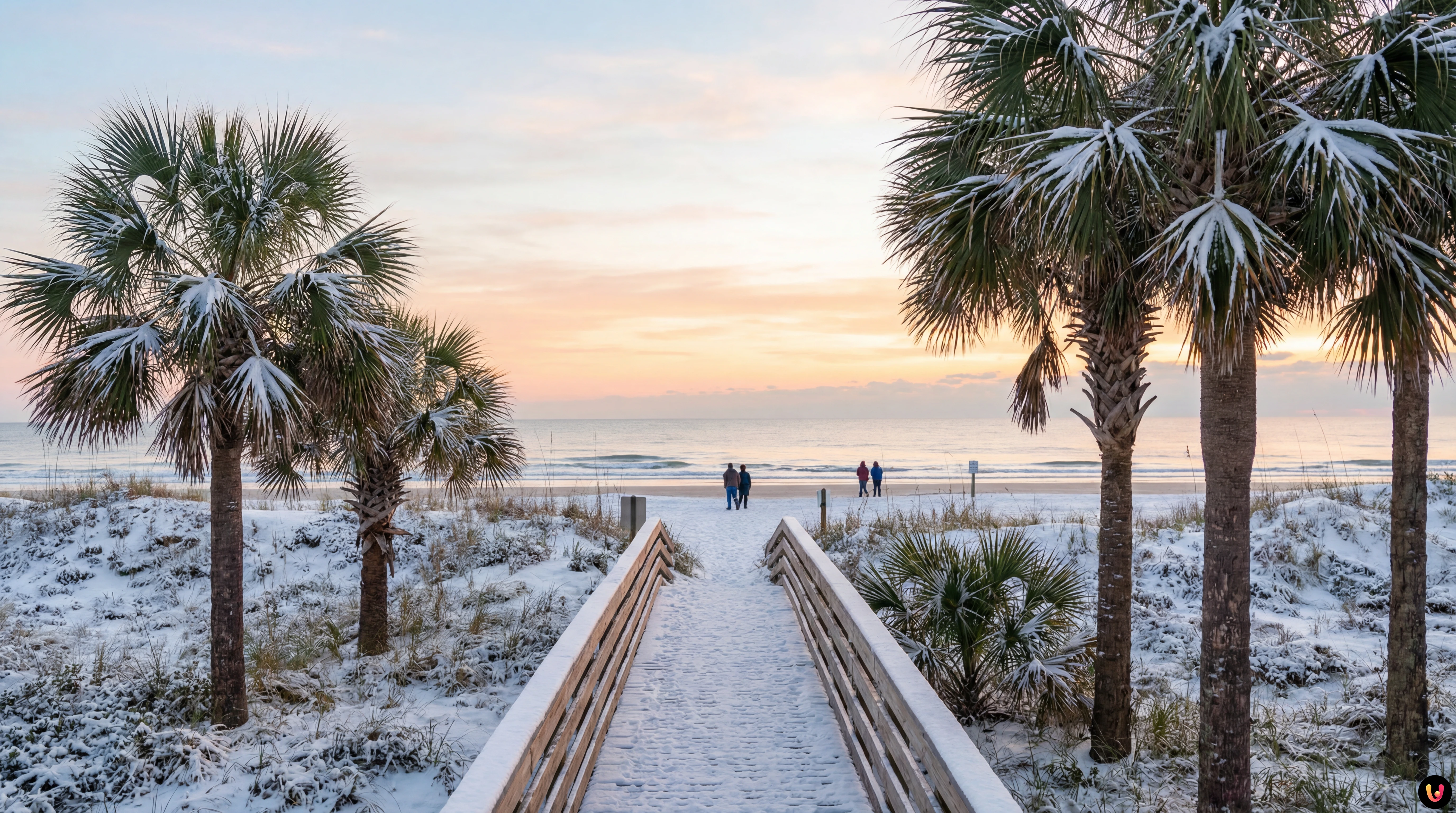 Snow covering palm trees and sandy beaches in the Florida Panhandle