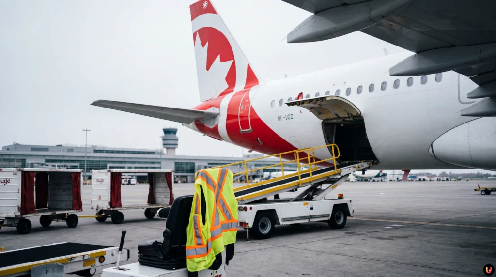 Avion Air Canada Rouge sur le tarmac de l'a&eacute;roport Pearson avec soute ouverte
