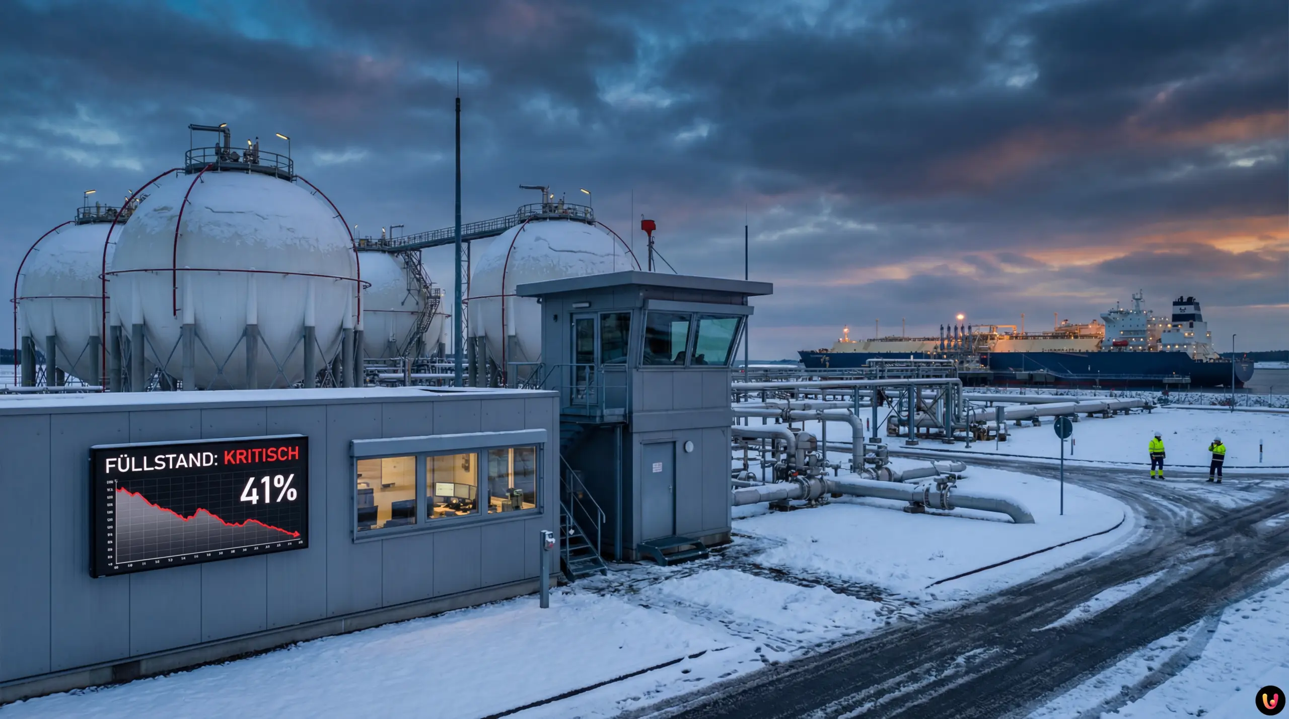 Gasspeicher-Füllstände Deutschland 2026: Kritische Lage Industrieanlage eines deutschen Gasspeichers im Winter 2026
