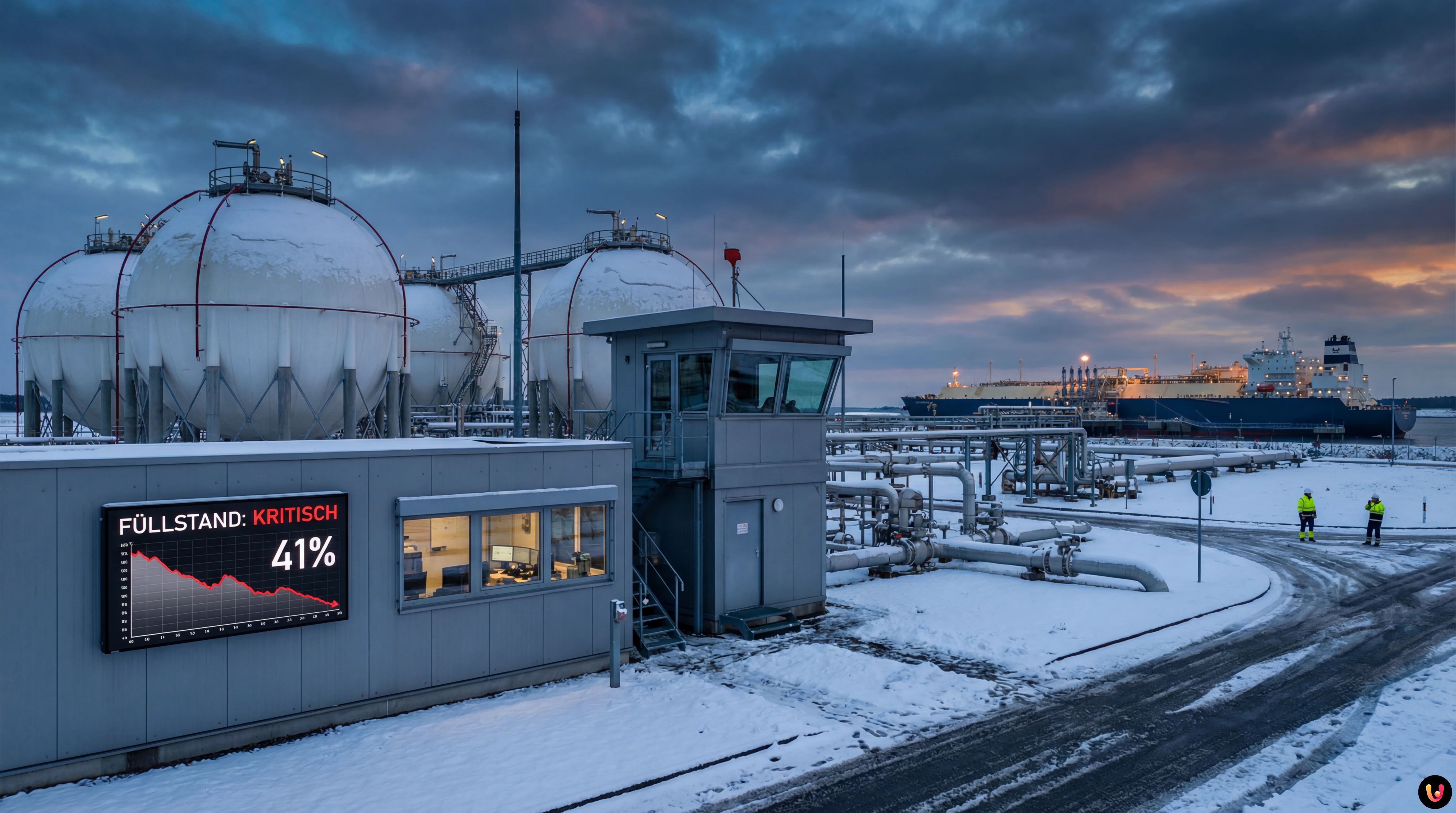 Gasspeicher-Füllstände Deutschland 2026: Kritische Lage Industrieanlage eines deutschen Gasspeichers im Winter 2026