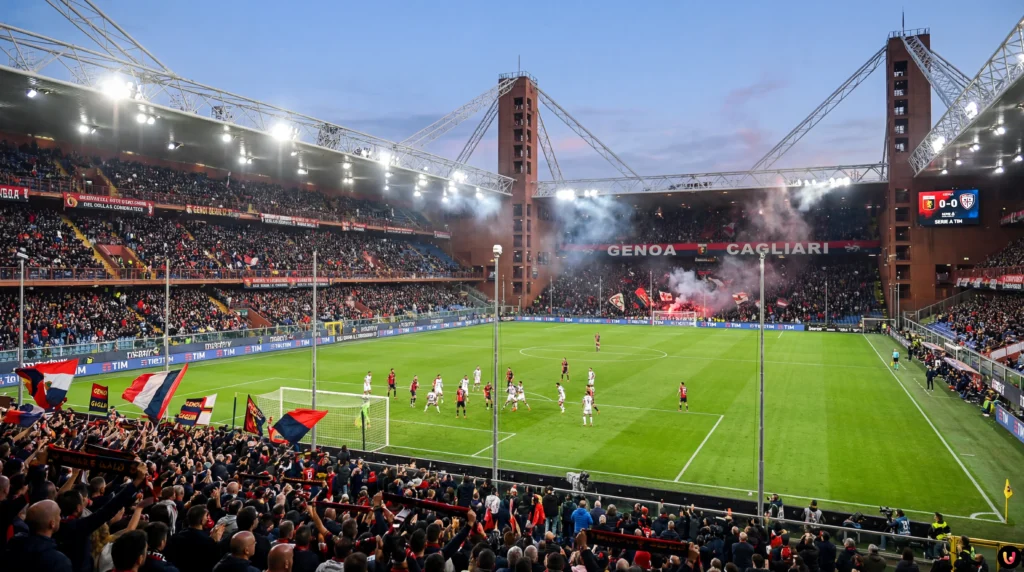 Squadre in campo al Ferraris illuminato per la sfida Genoa-Cagliari di Serie A
