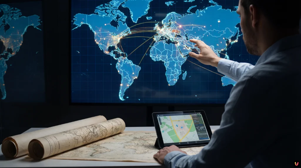 Rappresentazione digitale del globo terrestre con focus su confini e dati geopolitici