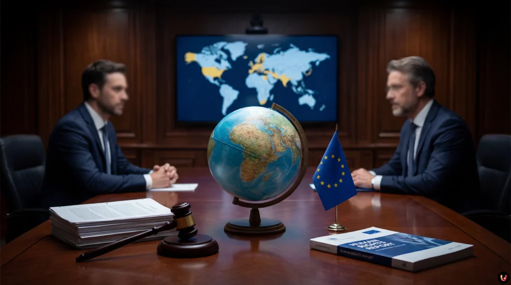 Mappa geopolitica con bandiere USA, Venezuela e Unione Europea in tensione