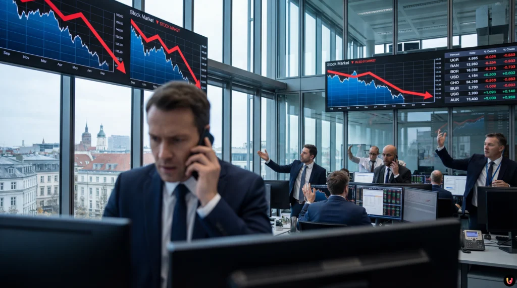 Financial charts showing market volatility and decline due to EU-US trade tensions