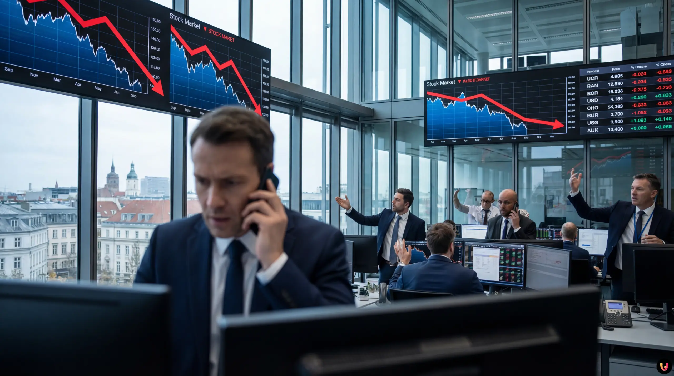 EU Suspends US Trade Deal Sparking Market Volatility Financial charts showing market volatility and decline due to EU-US trade tensions