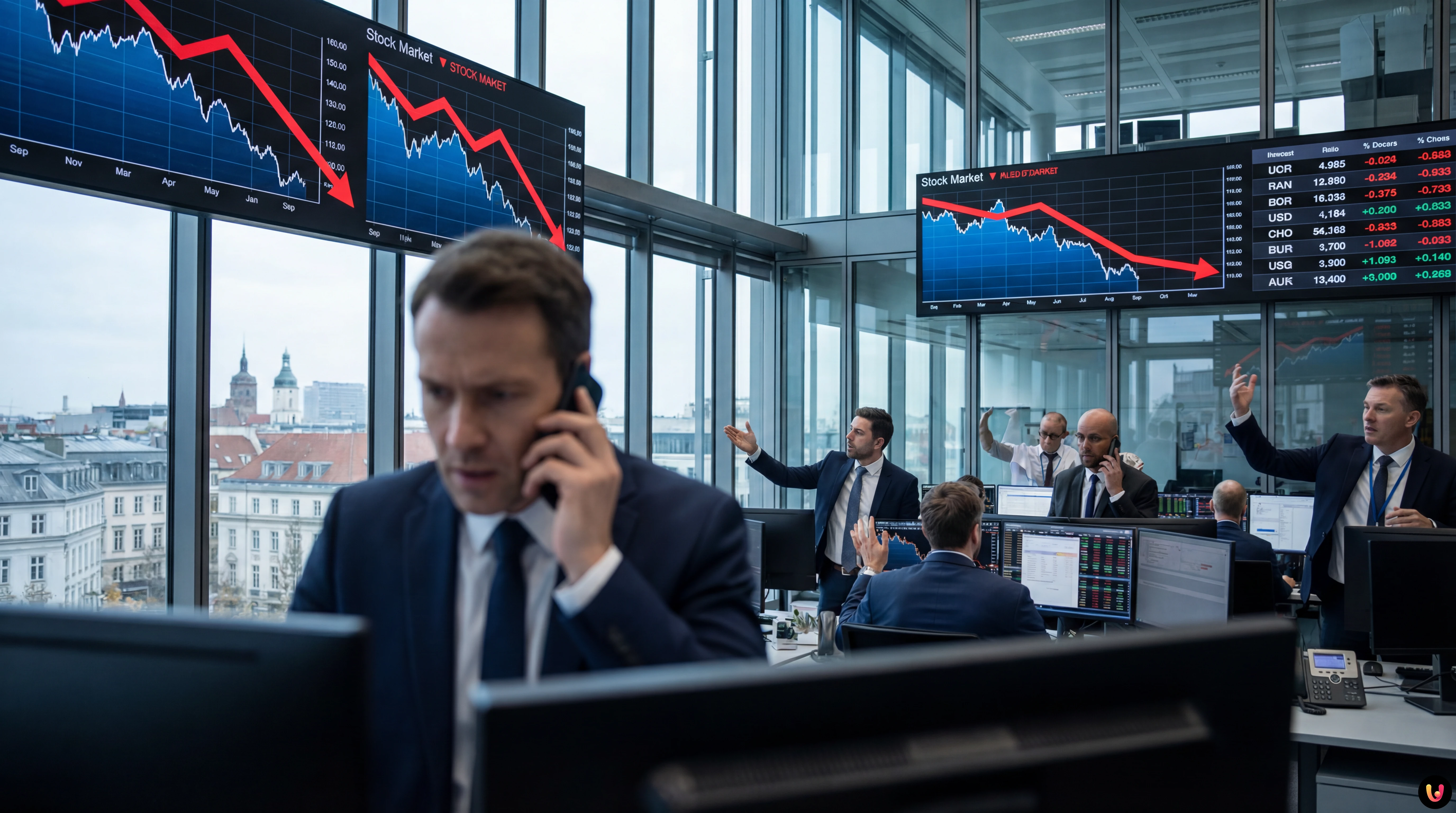 Financial charts showing market volatility and decline due to EU-US trade tensions