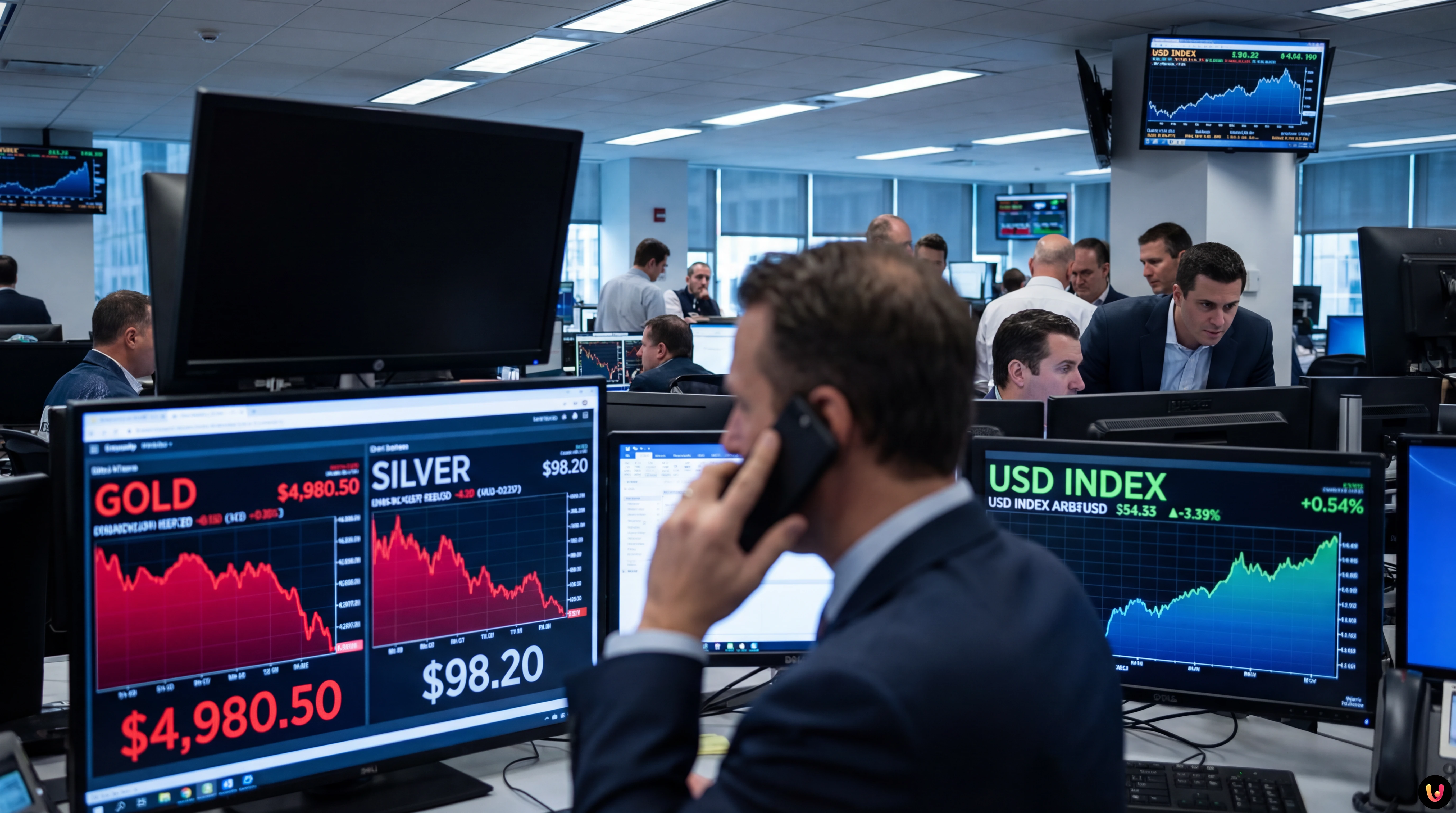 Gold bars and silver coins with a red downward trend arrow indicating a market crash