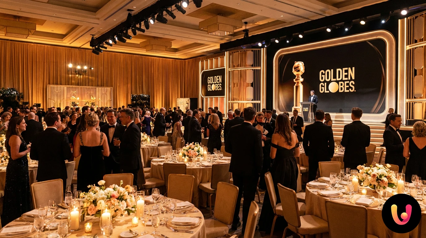 Golden Globes 2026: Cerimonia e Favoriti al Beverly Hilton Statuetta dorata dei Golden Globes 2026 sul palco del Beverly Hilton