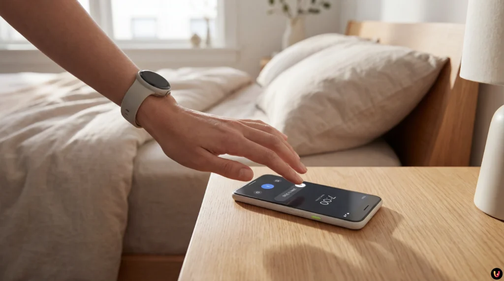 Interface Google Horloge sur smartphone avec l'option glisser pour éteindre le réveil